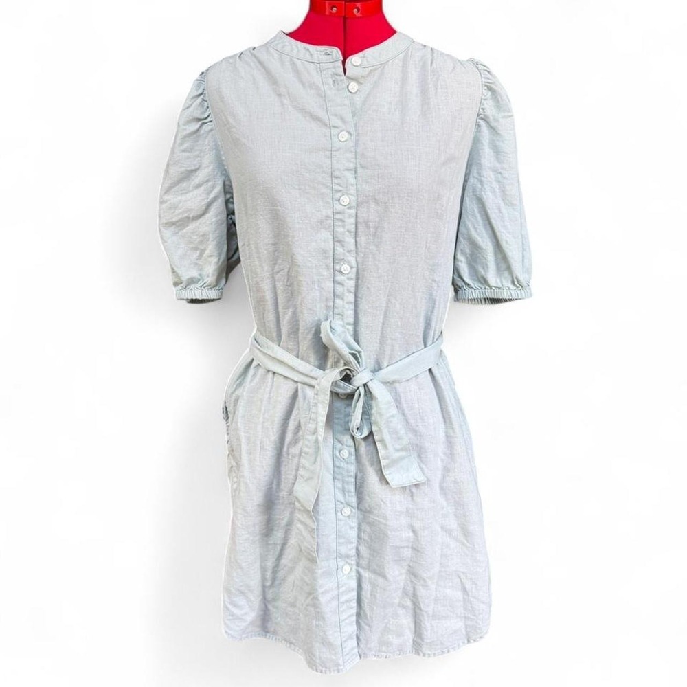 Gap light blue linen cotton dress with tie waist, balloon sleeves size medium